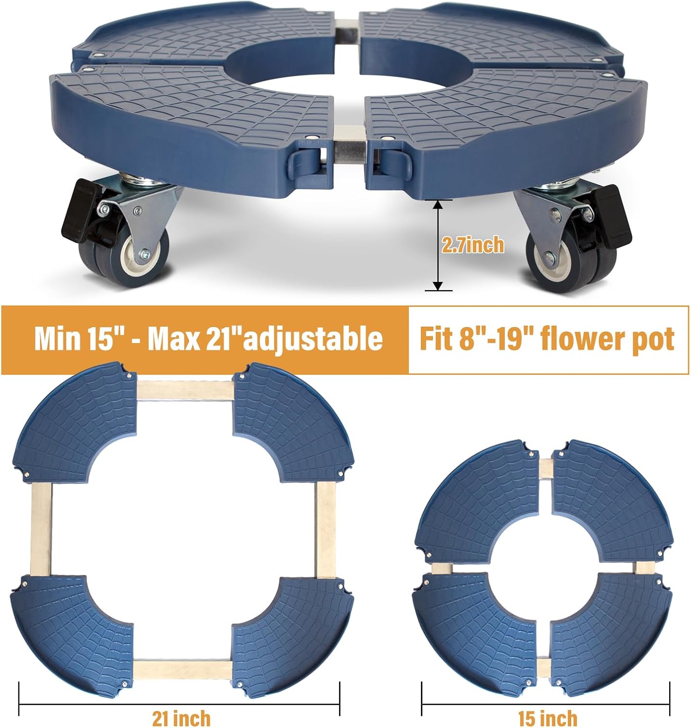2 Pack Rolling Plant Stand with Wheels,15-21’’Adjustable Heavy Duty Plant Caddy with Wheels for Indoor Outdoor Planter Dolly Lockable