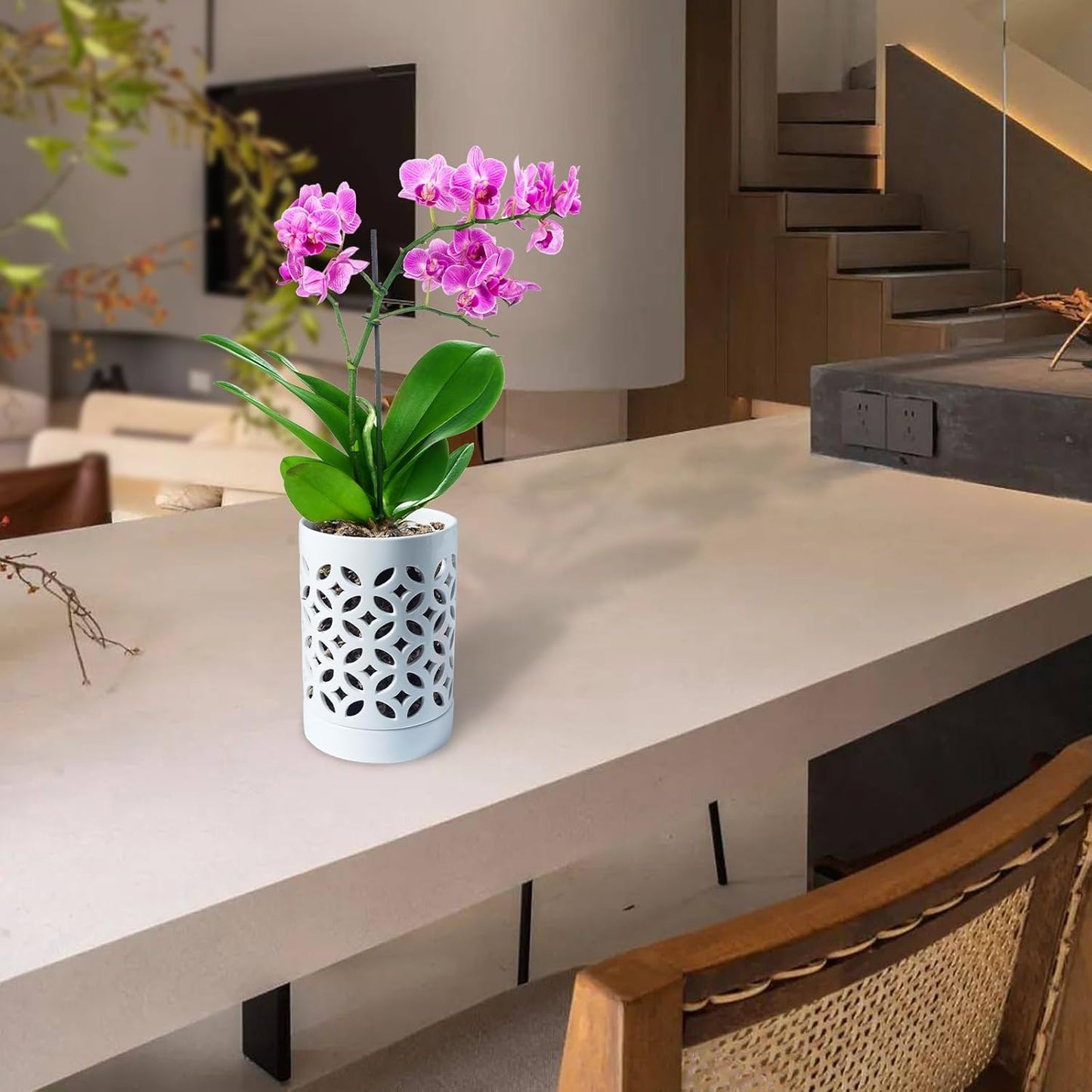 Orchid Pot with Holes & Saucers, Ceramic Pots for Repotting, Breathable Slotted Orchid Pots Flower Plant Nursery Pot White 4 Inch