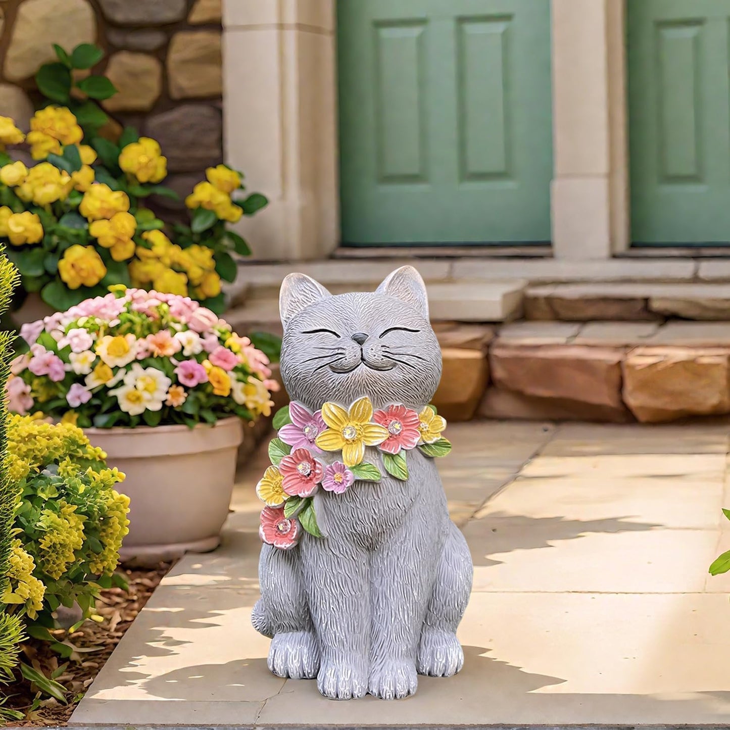 Solar Cat Garden Statue for Outdoor Decor, Cat Solar Light with Flowers, Resin Cats Figurine for Garden, Yard, Lawn Decor, Cats Lover Gifts for Women