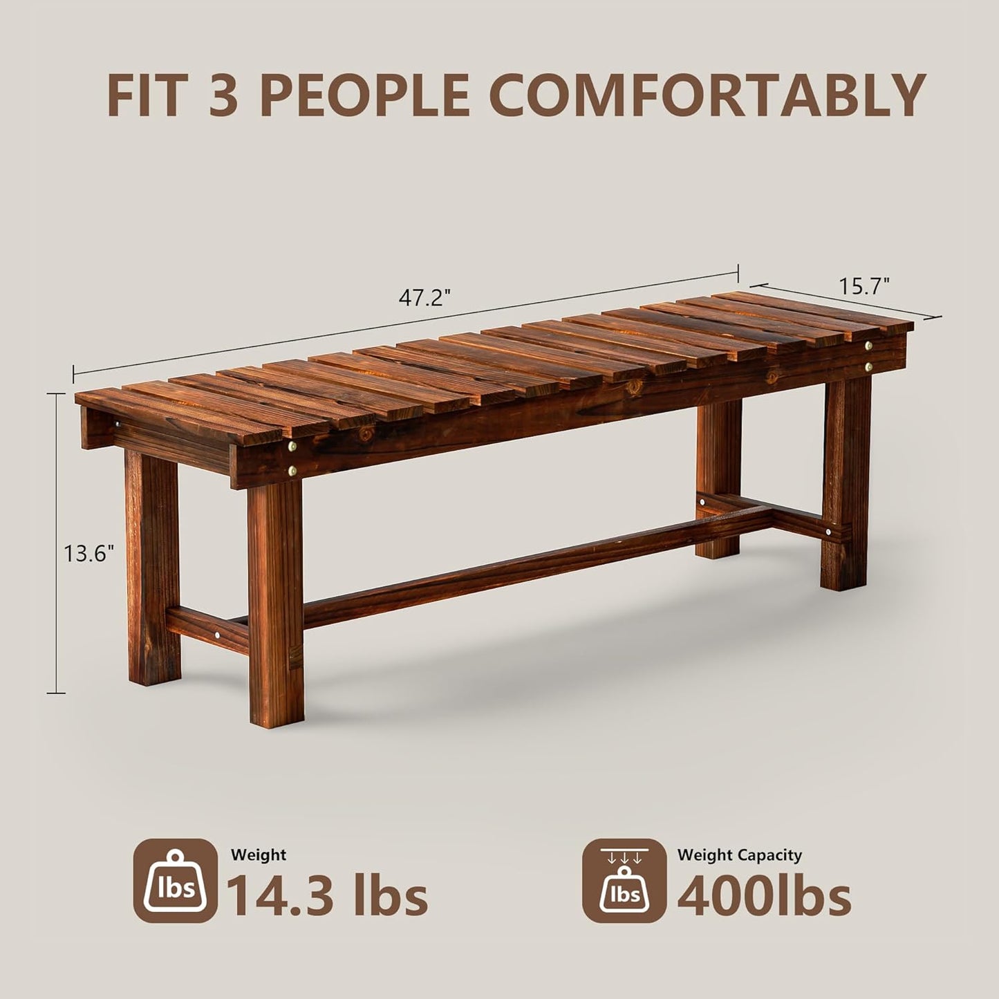 47.2" Outdoor Garden Bench, Weatherproof Patio Benches 3-Person Seat Backless Wooden Porch Bench, Multifunctional Slat All Weather Bench for Garden Lawn Porch Park Backyard (Carbonized Brown)