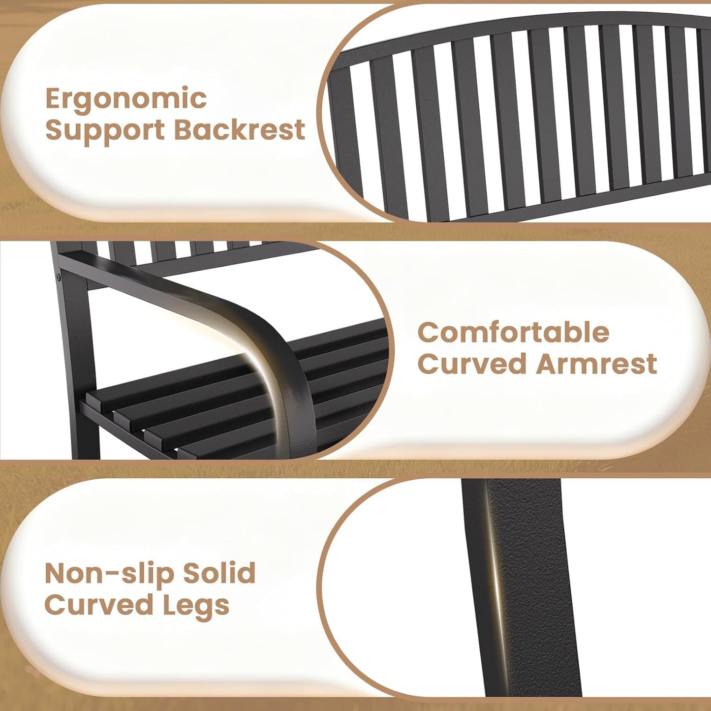 50'' Outdoor Garden Bench, Weatherproof Wrought Iron Metal Patio Bench with Mesh Pattern Backrest, for Front Porch, Park, Yard, Gardens