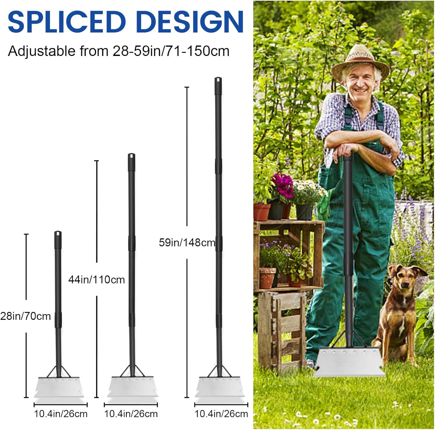 Garden Cleaning Shovel, Floor Scraper, Ice Scraper, 59 Inch Adjustable Heavy Duty Snow Scraper Long Handle, Garden Flat Shovel for Lawn Edging Weeding Digging Snow Removal and Ice Scraping, Sliver