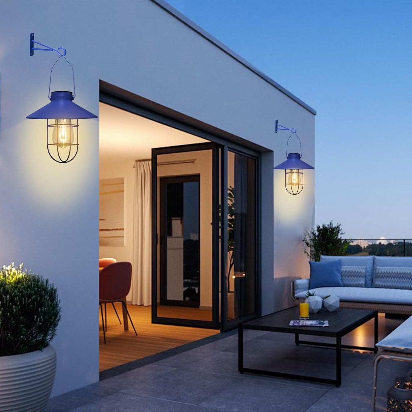 pearlstar Solar Lantern Outdoor Hanging Light Metal Farmhouse Solar Lamp with Warm White Edison Bulb Design for Garden Yard Patio Proch Decor(Blue)