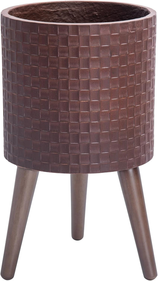 D'vine Dev 10 Inch Modern Geometric Tile Patterned Sleek Planter Pot with Stand, Indoor Outdoor Decorative Plant Holder, Espresso, 88-Z-B-6
