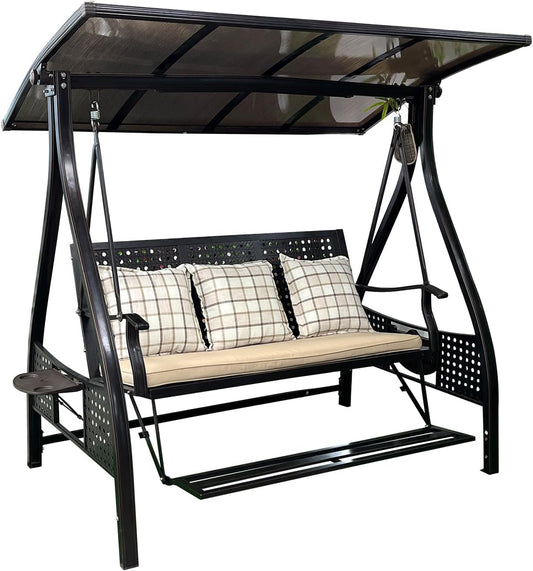 2/3-Seat Outdoor Patio Porch Swing with Adjustable Aluminum Alloy Canopy Solar Patio Swing Chair Bench with Footrest Side Cup Holder for Backyard Lawn (AEBS Black - 3 Seat)
