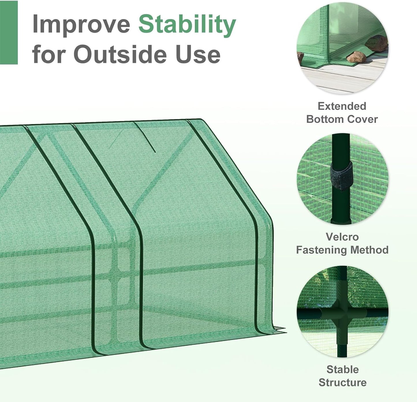 Aoodor 9 x 3 x 3 ft Mini Greenhouse with 3 Zipper Doors, Water-Resistant, UV-Protected for Flowers, Vegetables, and Herbs, Green