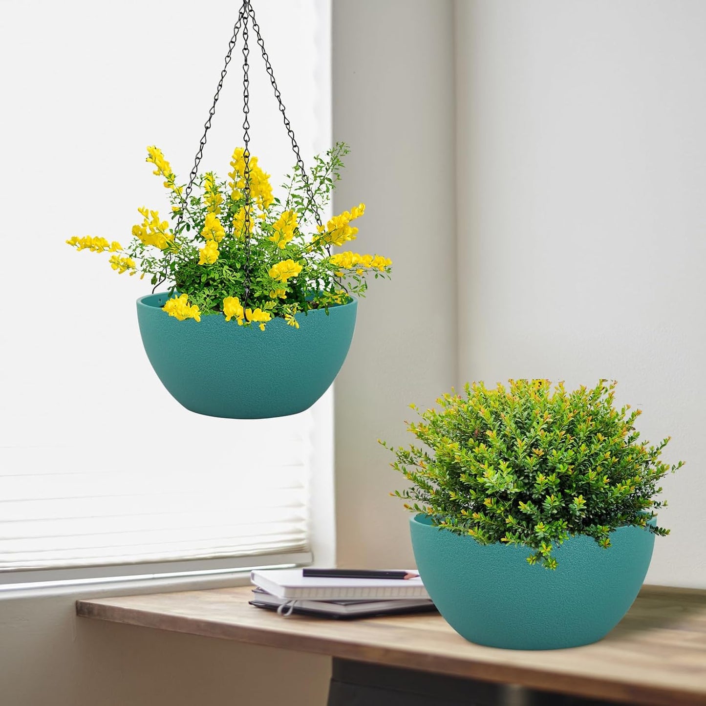 8 inch Small Hanging Planters Plant Pots for Indoor Outdoor Plants, 2 Pack Hanging Flower Pots with Drainage Holes and Chain for Garden, Plastic Hanging Baskets for House Plants, Blue Green