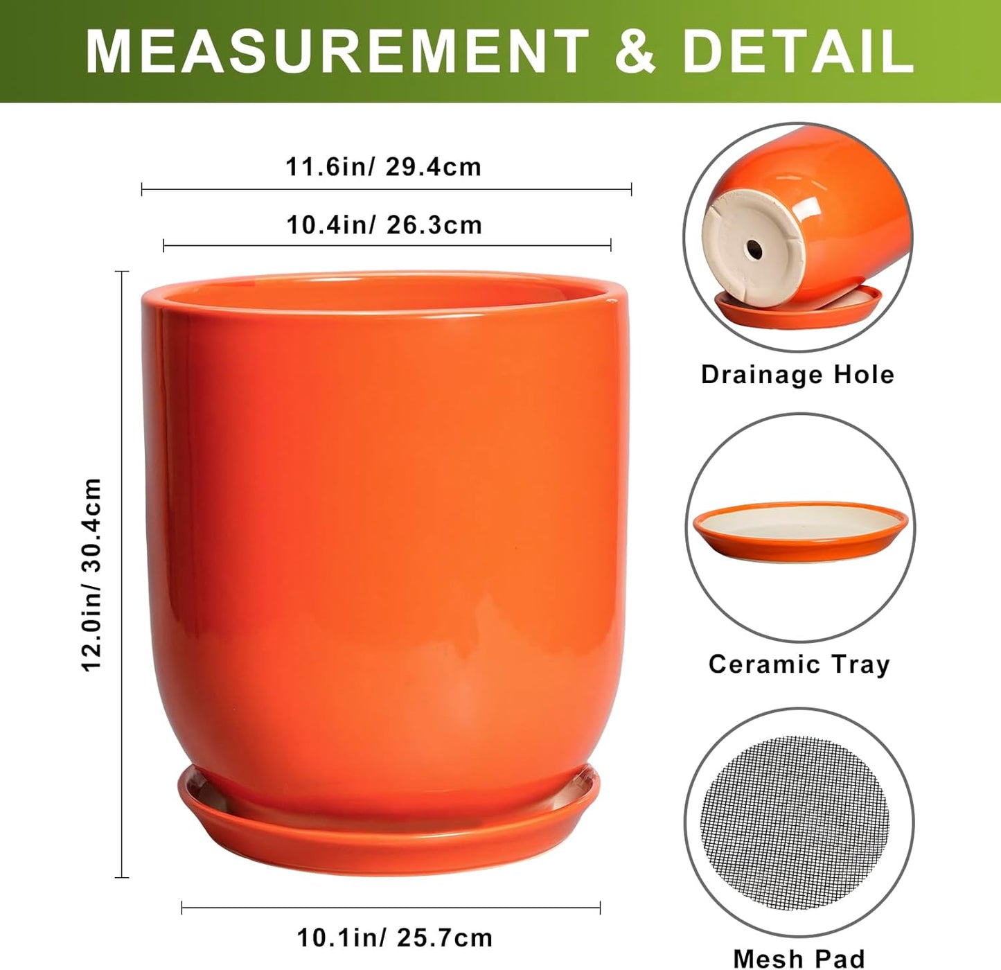 12 Inch Pots for Plants - Ceramic Planter with Drainage Hole and Saucer, Decorative Round Large Plant Pot for Indoor Outdoor Plants, Plant Lover Gifts, Home Office Garden Decor, Orange