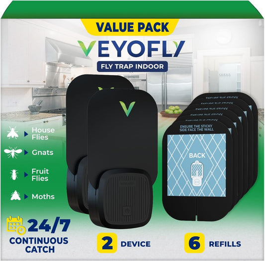 VEYOFLY Fly Trap Indoor, Fruit Fly Traps for Indoors, (2 Device + 6 Refills) Gnat Traps for House Indoor, Fly Catcher Indoor, Plug in Light Flying Insect Trap, Bug Light Killer, Fly Trap