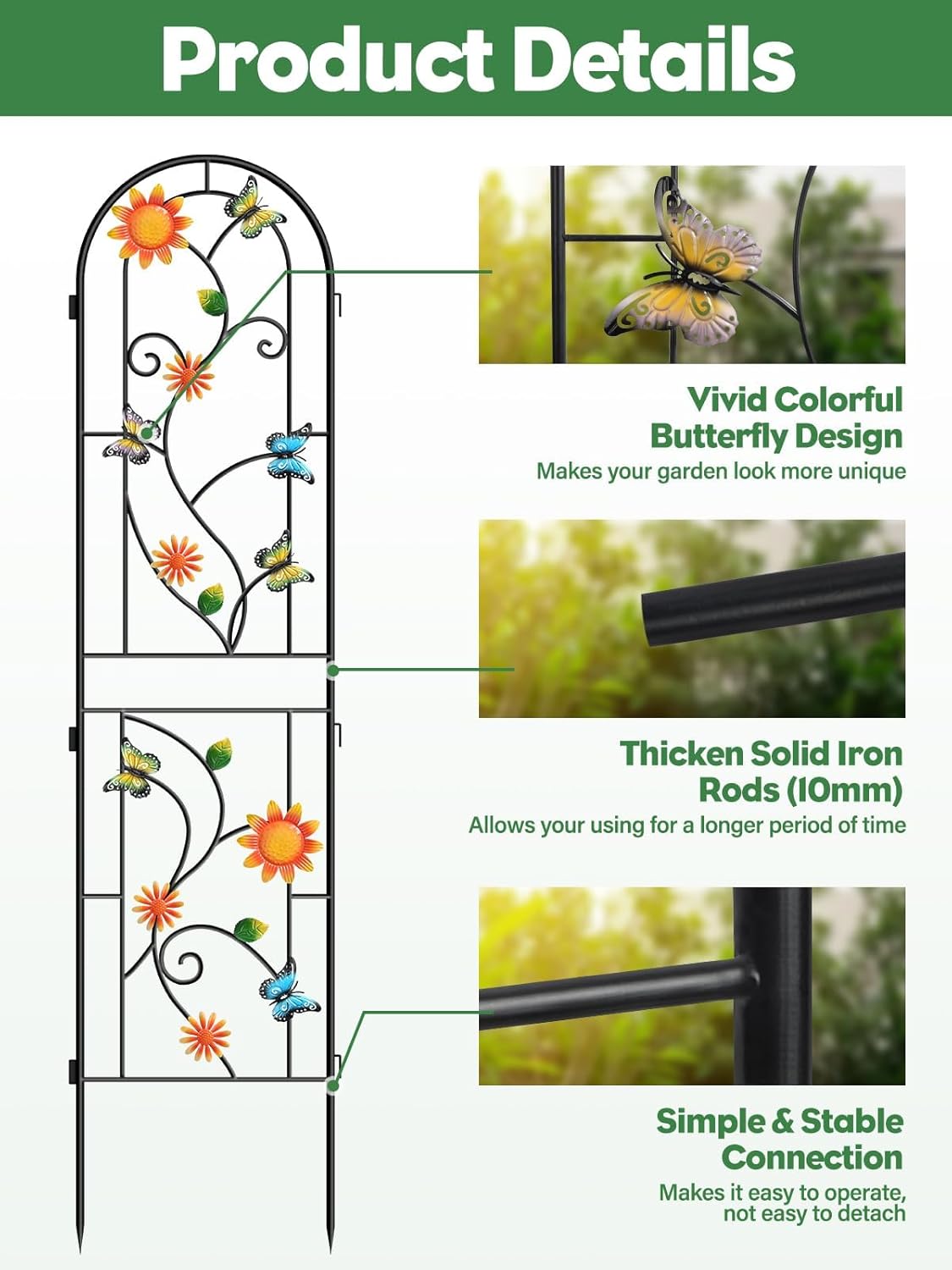 87 Inch Metal Garden Trellis for Climbing Plants, Kalolary 4 Pack Colorful Butterfly Plant Trellis Support Decoration Arched Fence Trellis Outdoor for Patio Lawn Garden Yard Backyard Wall