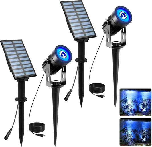 T-SUNUS Halloween Solar Landscape Spotlights 2 Pack Metal, Outdoor Waterproof IP65 Blue Spot Lights Separated Panel with 9.8ft Cable Auto On/Off for Christmas Tree Garden Driveway Pathway Pool
