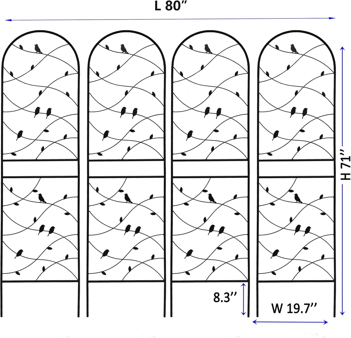 4 Pack Metal Garden Trellis 71" Tall Outdoor Climbing Plant Support for Roses, Flowers, Rustproof Durable Black Galvanized Tube, Lawn Garden Fence Decor Screen (4, Black birds-71 H)