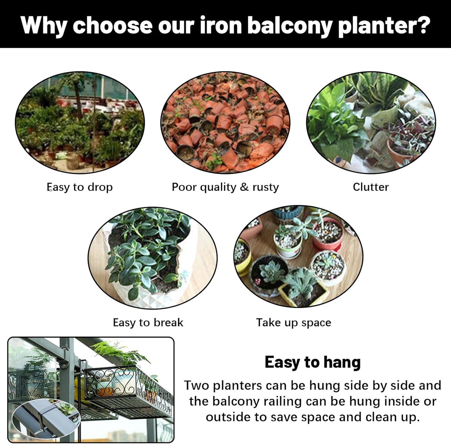 Metal Planter Flower Pot Holder Railing Shelf, Iron Balcony Planters Railing Hanging Bucket Pot Flower Holder with Hooks for Outdoor Garden Porch Patio(Black, 23.6 x 7.8 x 4.7 Inch)