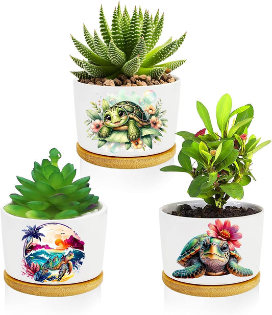 Turtle Succulent Pots 3 Pack, 3 Inch Succulent Planters with Drainage and Bamboo Tray, Turtle Gifts for Women, Ceramic Small Pots for Baby Plants, Cactus, Herbs- Plants Not Included