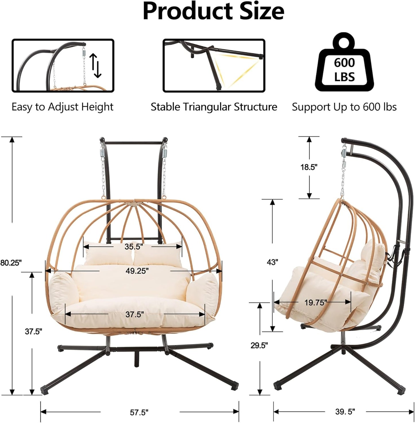 Hanging Chairs with Stand, All Weather Double Egg Chair Outdoor, Metal Hanging Egg Chairs Outdoor, 2 Person Oversized Swing Egg Chair, Modern Balcony Basket Loveseat for Indoor/Deck, Beige
