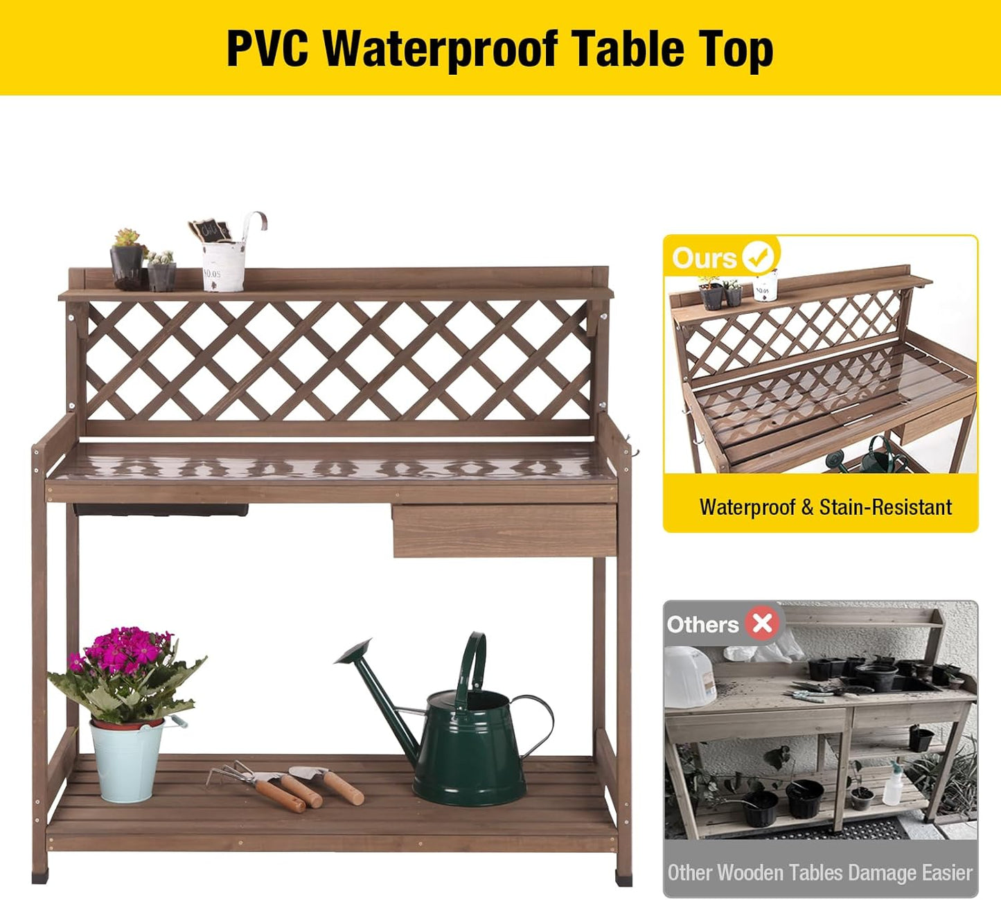 Aivituvin Potting Bench Outdoor with PVC Layer Wooden Planting Table with Sink & Lid Gardening Work Bench with Drawer, Shelf, Hook