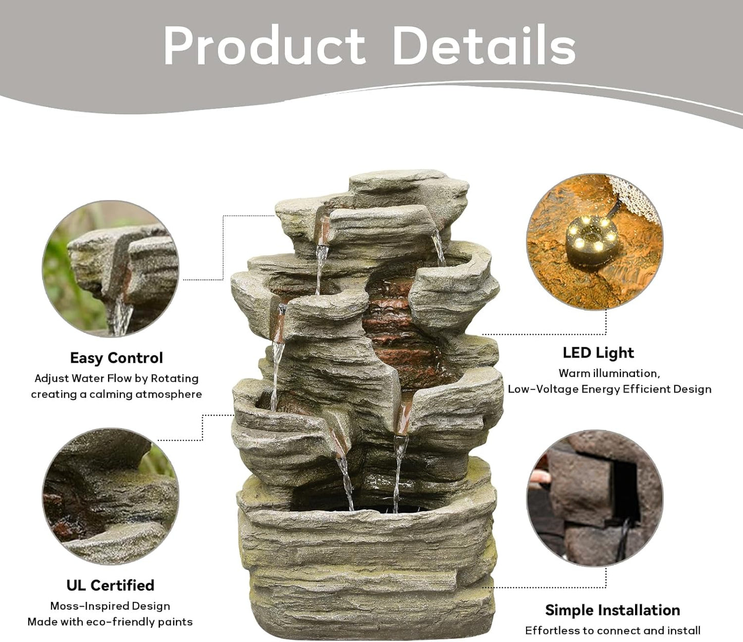 24.2" H Rock Cascading Water Fountain Outdoor&Indoor, 6-Tier Garden Naturefalls Fountains, Floor-Standing Waterfall with Lights for Patio, Backyard, Deck, Porch, Home DéCor, Stone Gray