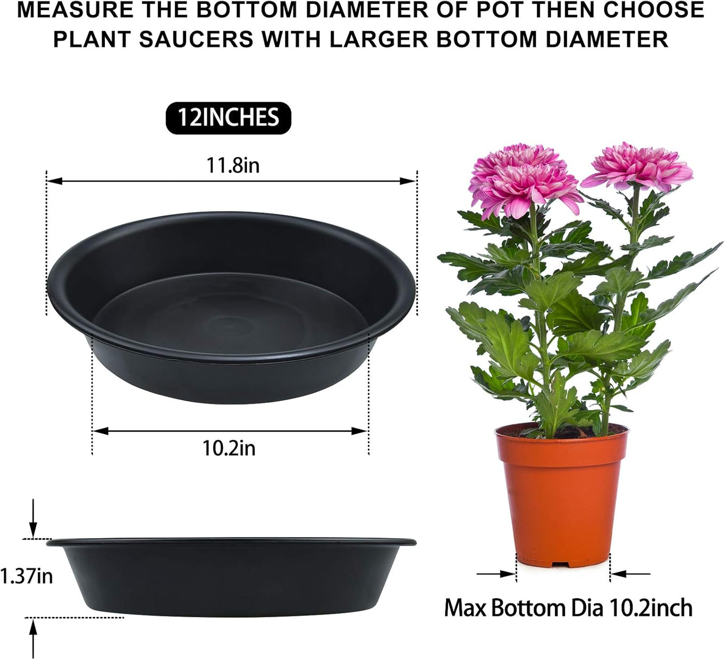 3 Pack Plant Saucer Heavy Duty Sturdy Drip Trays for Indoor and Outdoor (12 Inch, Black)