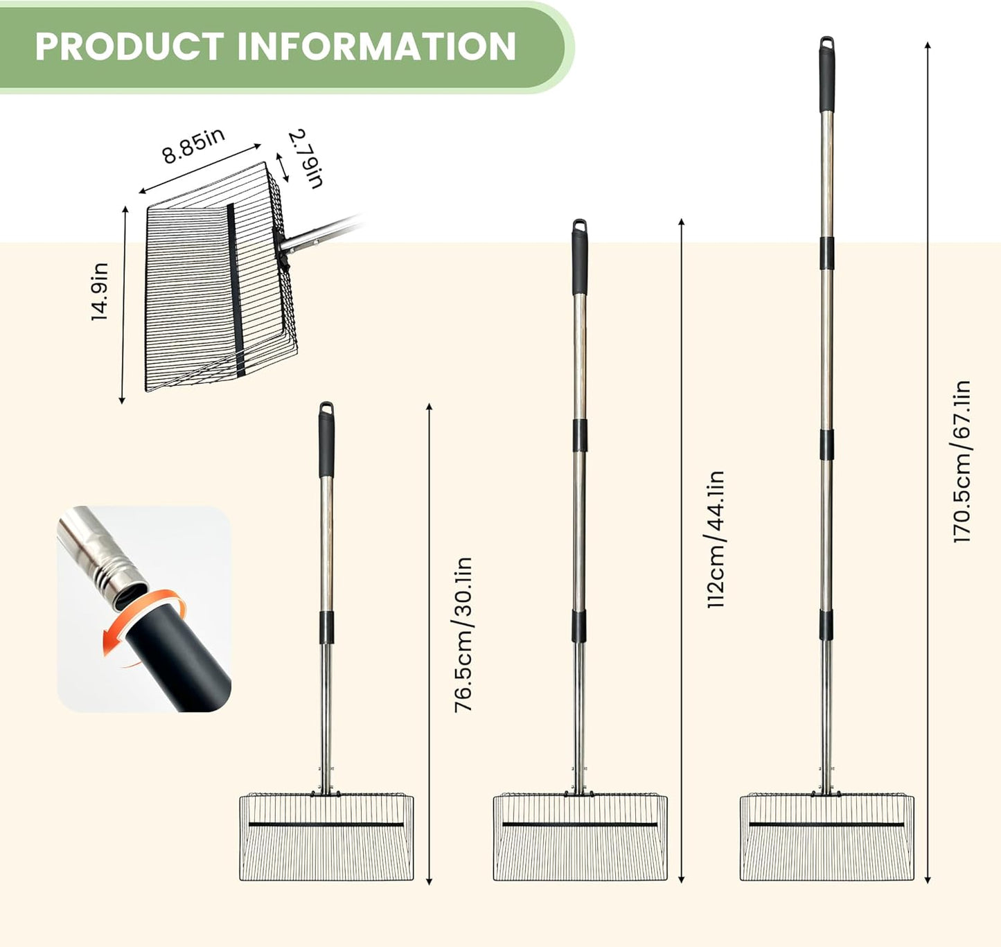 Chicken Poop Scooper for Sand + Work Gloves，Chicken Coop Scoop with 30" to 67" Adjustable Stainless Steel Long Handle，Sifting Shovel，Poop Scooper for Chicken Coop Rake，Farm Animals，Cleaning Tools
