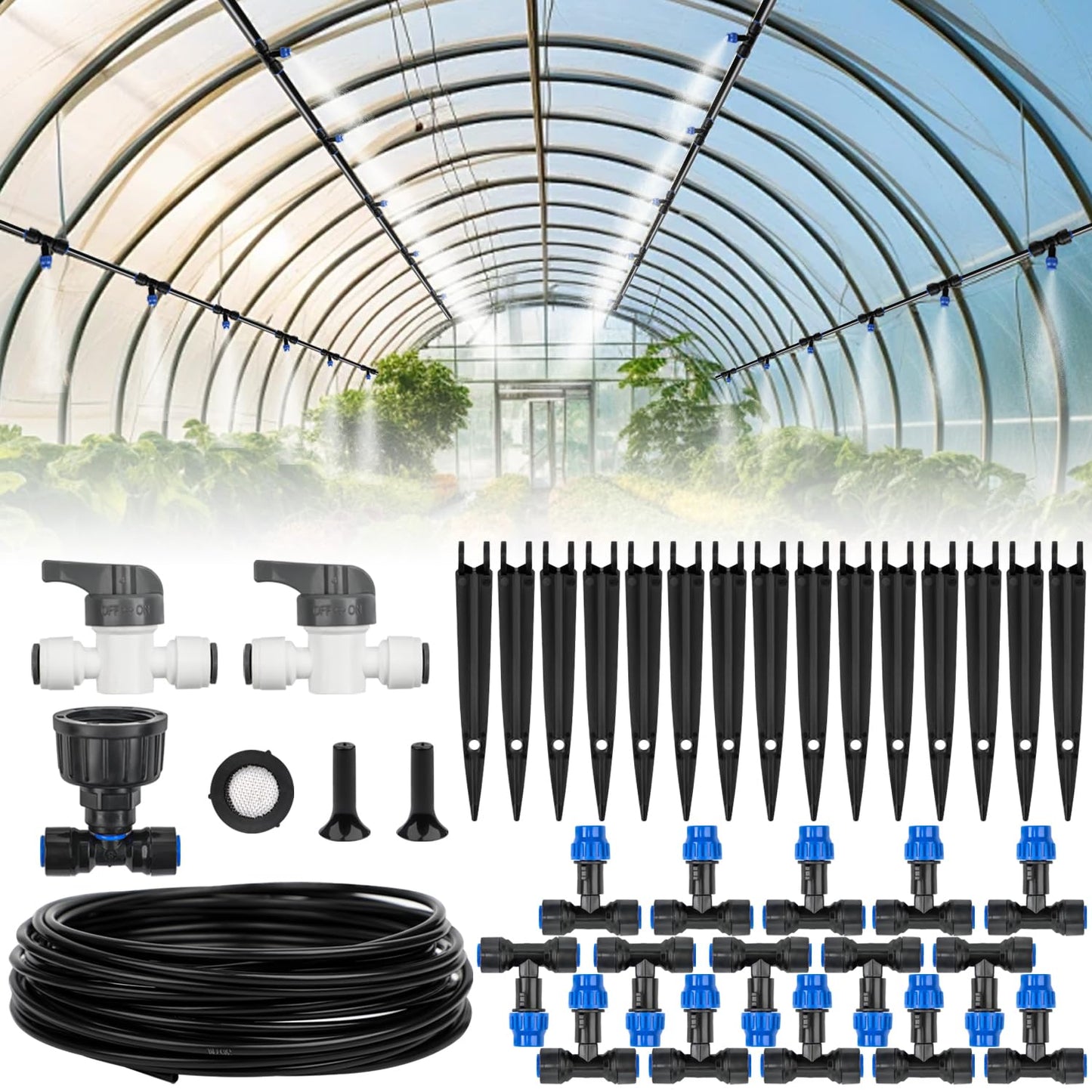 59FT Mist Drip Irrigation System, Automatic Garden Watering System with Adjustable Atomizing Misting Nozzle, 1/4 inch Blank Distribution Tubing Watering Drip Kit for Garden, Greenhouse, Lawn