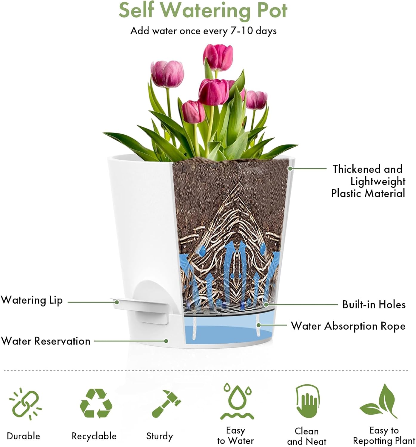 7/6.5/6/5.5/5/4 inch Self Watering Pots for Indoor Outdoor Plants, 6 Pack Plastic Flower Planters with Drainage Holes and Removable Saucers, Plant Pots with Wicking Rope, Modern Decor, White