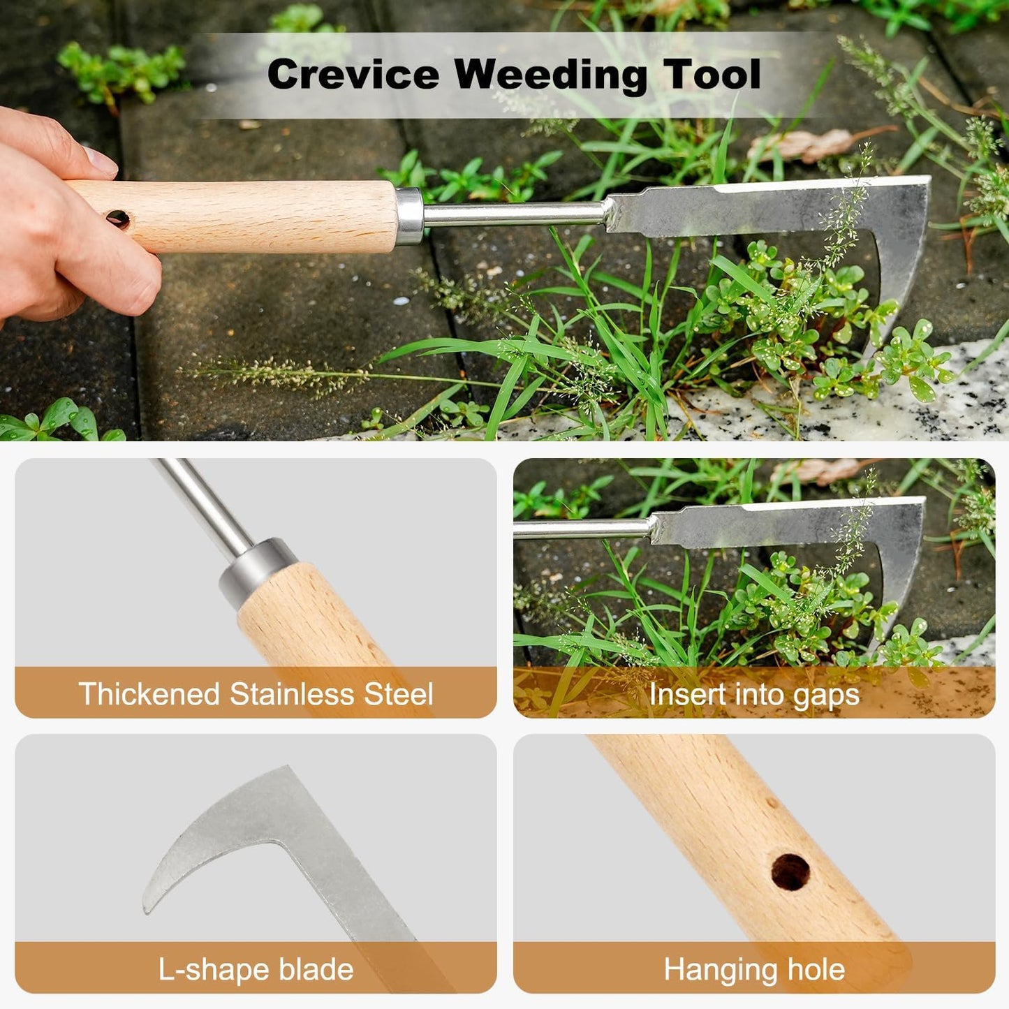 Weed Puller Tool Hand Weeder for Lawn Garden Cracks Stainless Steel Weed Remover with Ergonomic Beechwood Handle Manual Weeder