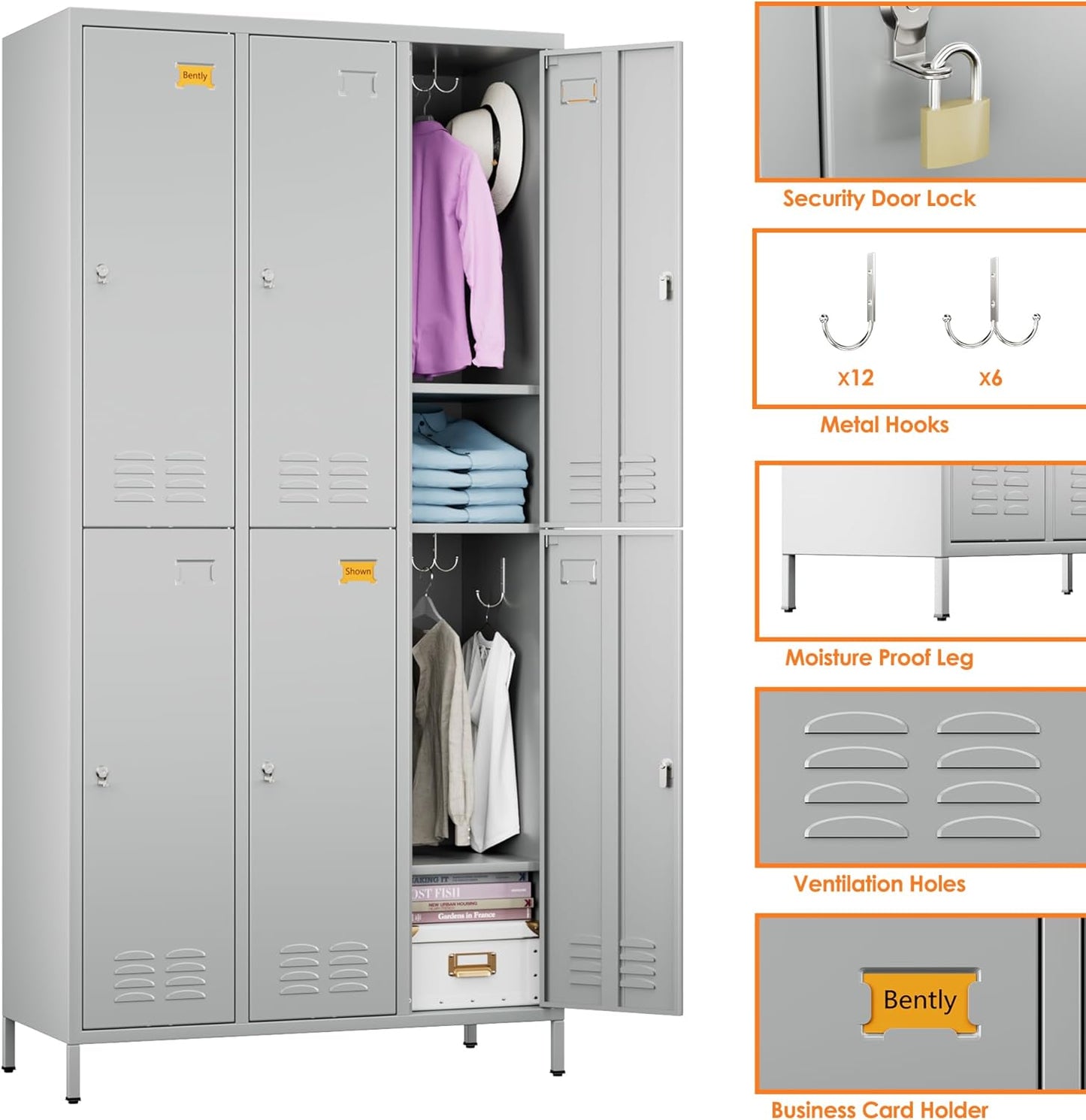 6 Doors Metal Storage Lockers for Employees with 18 Hooks,72" H Employee Lockers with Business Card Holder for Offices School Gyms Home,Assembly Required,Light Gray