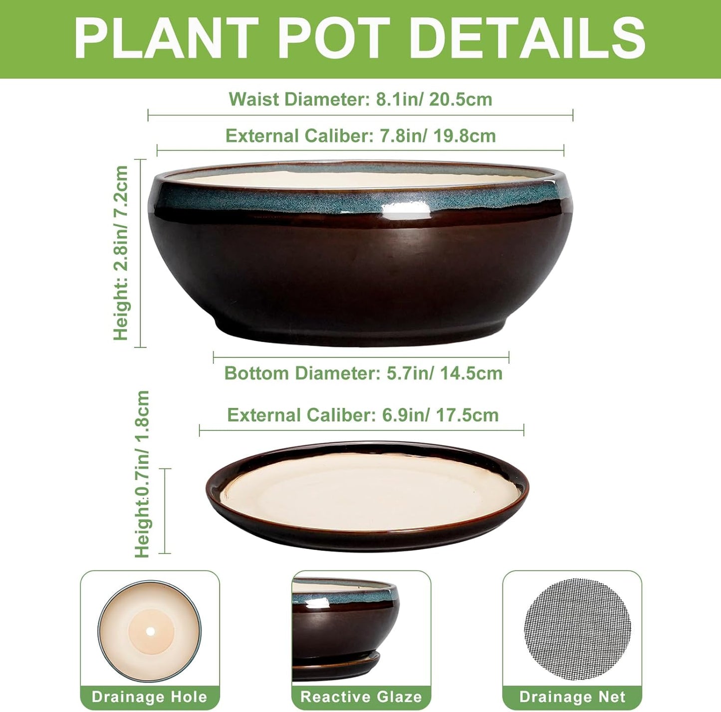 SQOWL Succulent Planters 8 Inch - Ceramic Bonsai Pots with Drainage Hole and Ceramic Saucer, Round Shallow Planter for Indoor Plant, Bowl Planter Outdoor, Desk Decor, Gift for Plant Lover, Blue-Brown