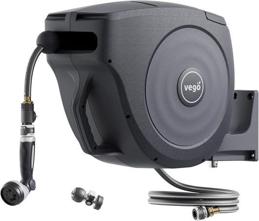 Vego Garden Hose Reel Retractable Hi-Flow x 100ft Wall Mounted Hose Reel Automatic Rewind, Any Length Lock with 9 Patterns Sprayer Nozzle, Quick Connector and Adjustable shot Nozzle-Tidepool Blue