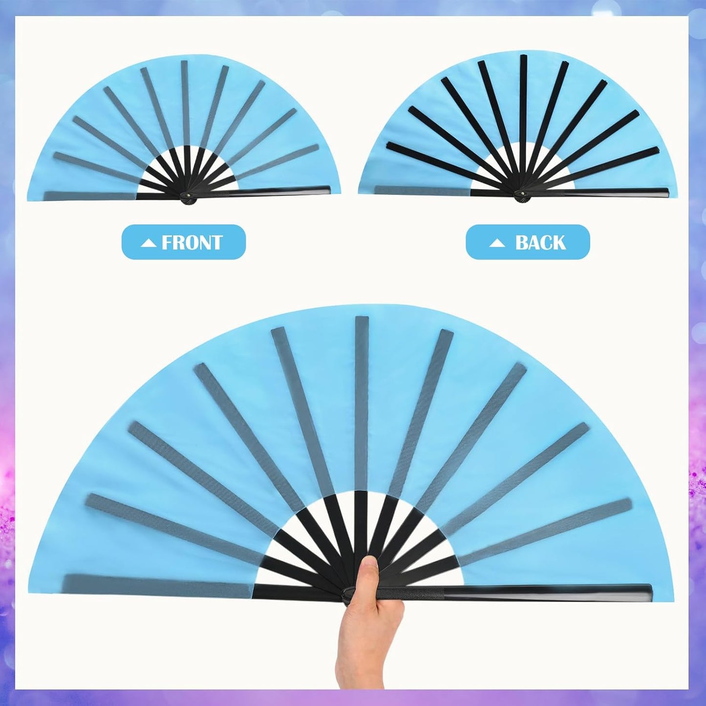 Maitys 2 Packs Large Clap Fans for Line Dancing Large Chinese Folding Hand Fans for Men and Women, Festival, Tai Ji, Kungfu, Martial Art, Gifts (Purple and Light Blue)