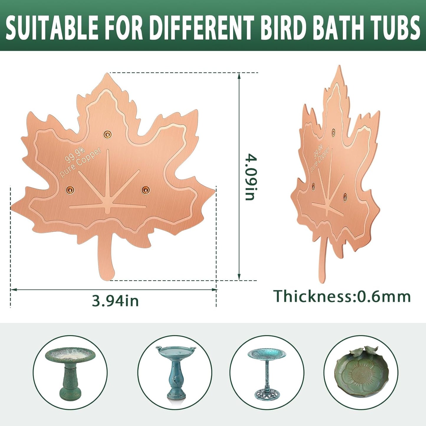 99.99% Pure Copper Bird Bath Disk, 0.6mm Maple Leaf Bird Bath Purification Disk with Triple-Point Support for Physical Safe Clean Water All-Season, Universal Fit for Outdoor Birdbaths, Bowl