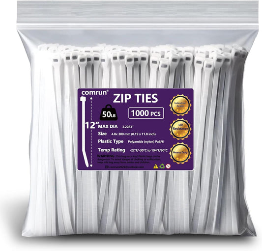 1000pcs 12Inch Nylon Zip Ties, 50 Pounds Tensile Strength,White Cable Tie,Industrial Grade,UV Resistant,Heavy Duty,for Home,Garden Trellis,Office,Garage and Workshop