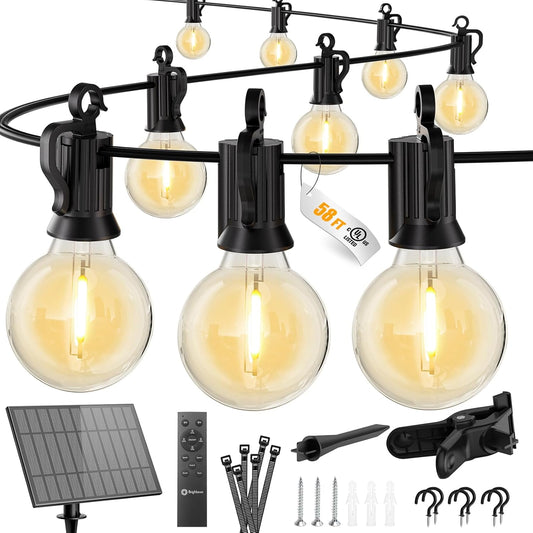 Brightown 58FT Solar String Lights Outdoor with Remote and 26 LED Shatterproof Bulbs, Dimmable & Timable, 3 Light Modes, Solar Patio String Lights Outdoor for Cafe, Garden, Deck, Outside Wedding