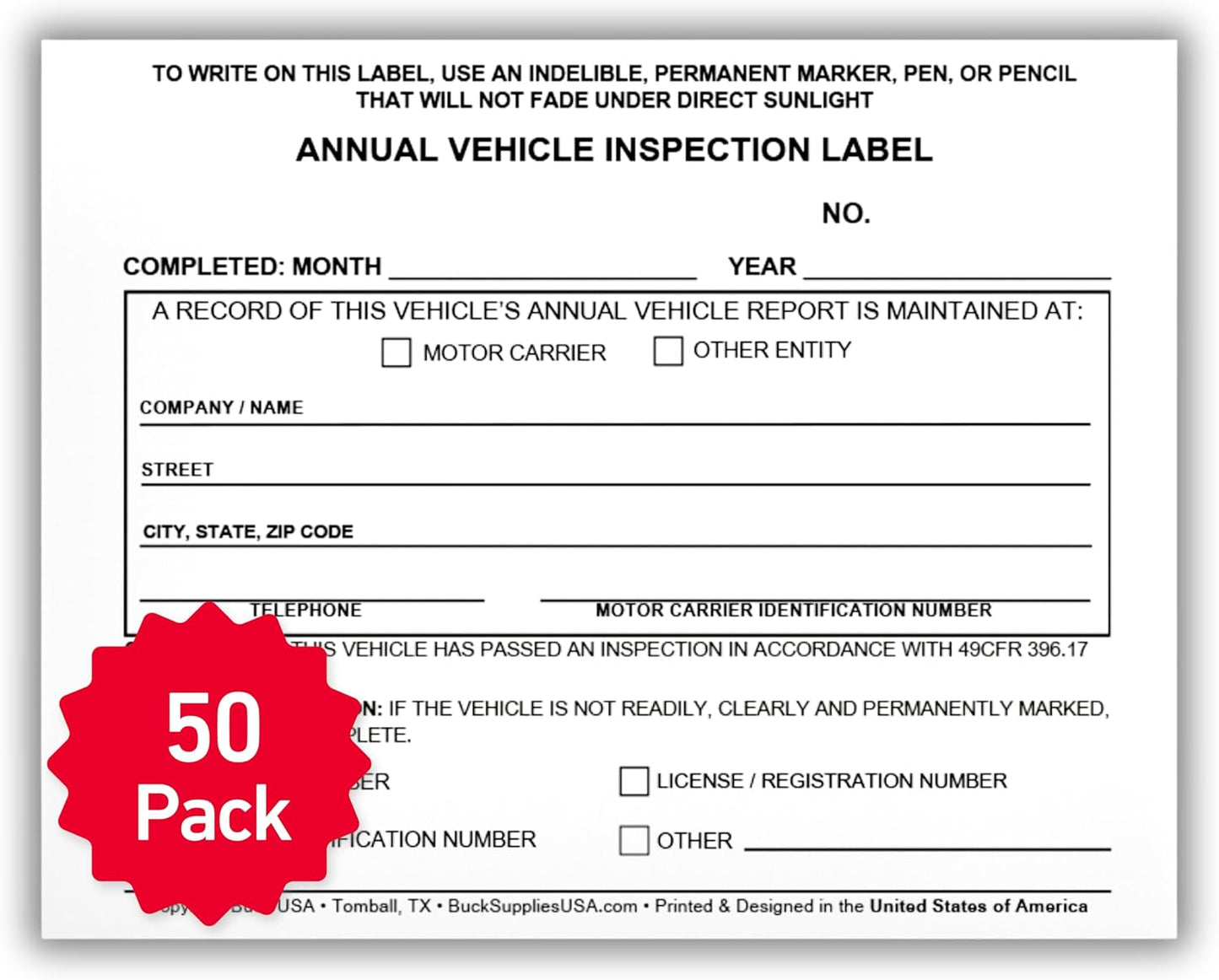 50 Pack Buck Annual Vehicle Inspection Label, 2-Ply Adhesive Vinyl with Mylar Laminate, FMCSA & DOT Compliant, Weatherproof, Tear Resistant, Easy to Write On, 5" x 4" - Made in USA