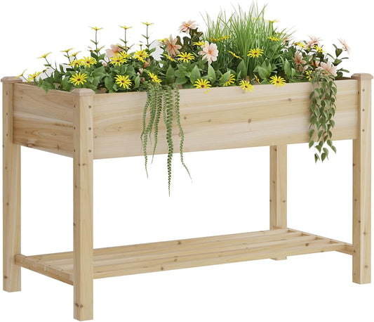 Raised Garden Bed, Planter Box with Storage Shelf, Elevated Wooden Planter Box with Legs, Garden Planter for Backyard, Patio, Balcony, Natural Wood (Natural, M)