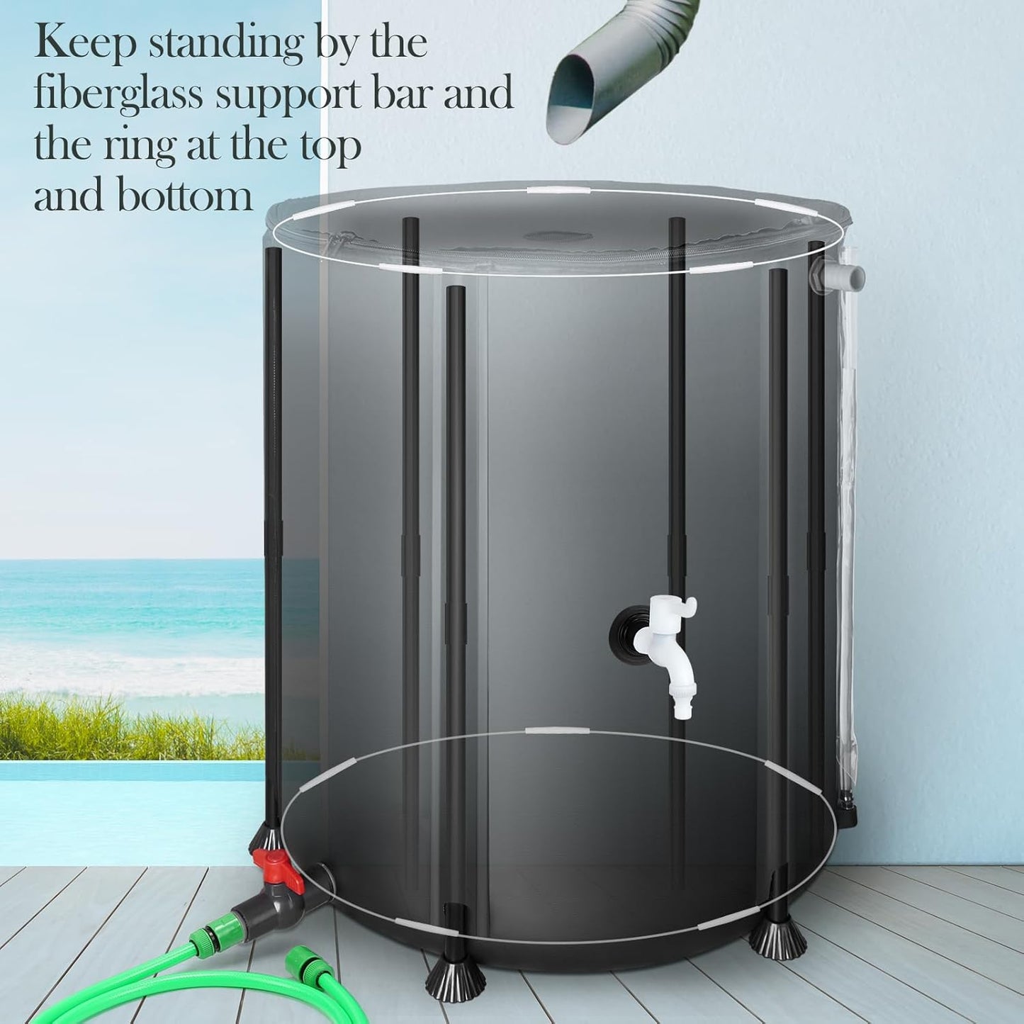 53 Gallon Collapsible Rain Barrel for Garden/Outside/Lawn, Portable Rainwater Collection System, Rain Barrel to Collect Rainwater from Gutter, Water Storage Tank with Two Spigots & Overflow Kit, Black