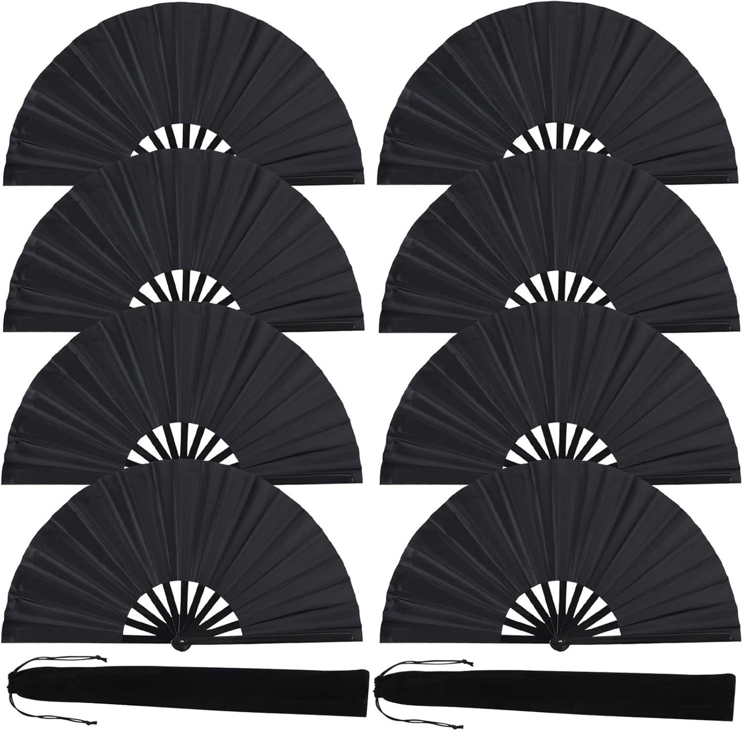 8 Pack Large Folding Hand Fans for Women/Men, Kungfu Taichi Rave Folding Fan with Bag, Large Popping Clacking Fans for Line Dancing, Concert, Party, Festival, Home Decorations(Black)