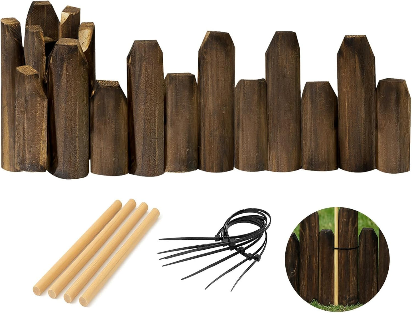 Wood Garden Edging for Landscaping – Staggered Half-Round Wooden Fence Border, Rustic Flower Bed Edging, Natural Pine, 7.9” x 4ft, Outdoor Garden Decor