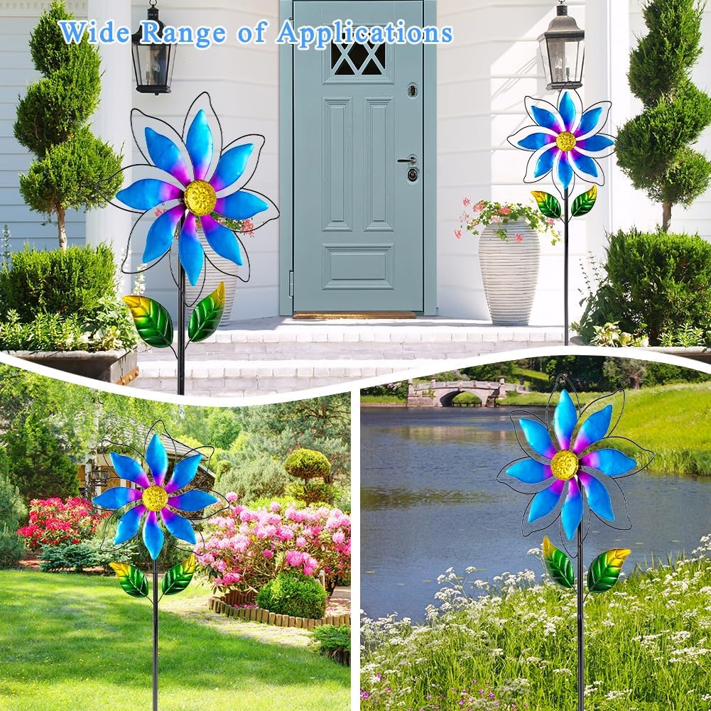 14'' Wind Spinners Outdoor, Flower Metal Garden Wind Spinners Outdoor, Kinetic Wind Sculptures & Spinners for Yard Garden Lawn Decor (Blue)