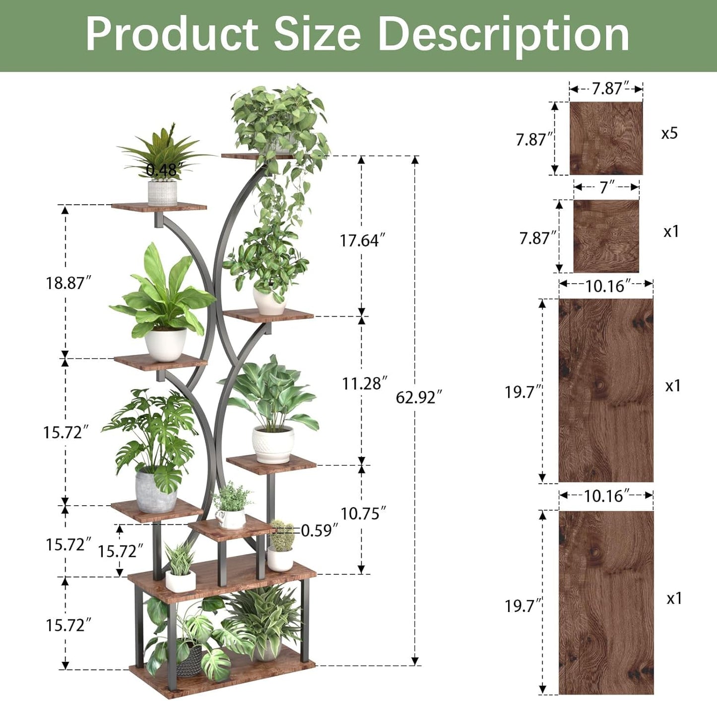 65 inch Plant Stand Indoor with Grow Lights, 9 Tiered Metal Plant Stands Indoor, Tall Plant Shelf for Multiple Plants, for Living Room, Patio Balcony or Office (Rustic Brown)