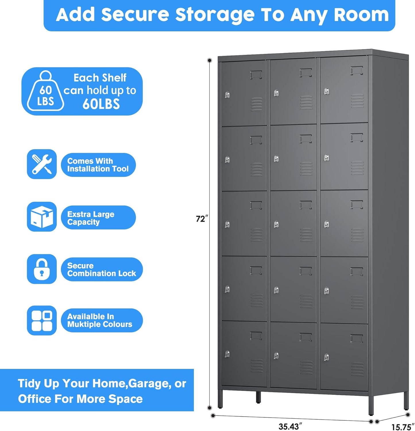 15 Doors Metal Lockers for Employees with Lock,Metal Locker with Card Holder for School Garage Office Gym Bedroom,Assembly Required,15 Door Dark Grey