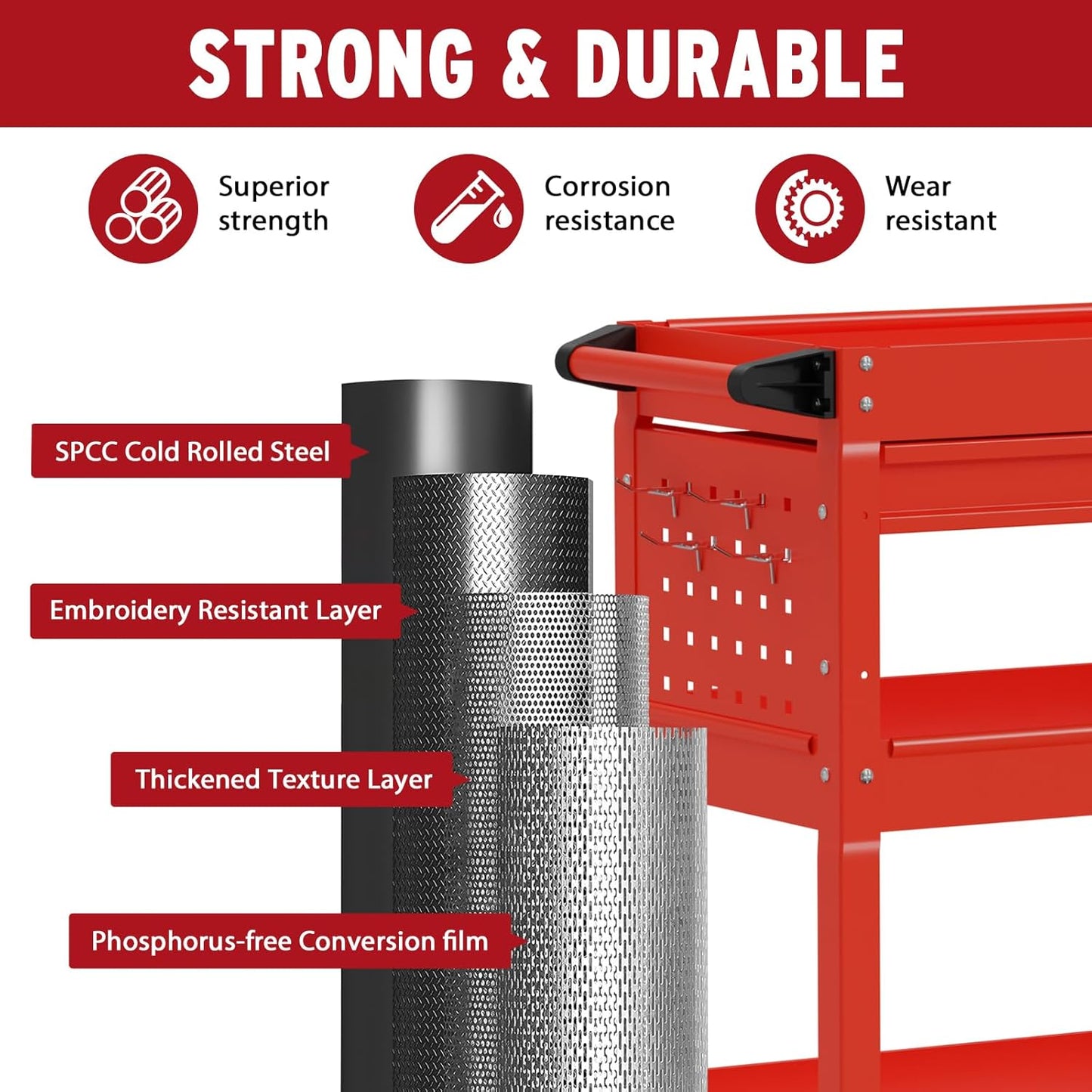 3 Tier Rolling Cart, Heavy Duty Utility Industrial Service Carts on Wheels, Metal Tool Cart with Locked Drawers, Ideal for Garage, Warehouse and Repair Shop（Red）