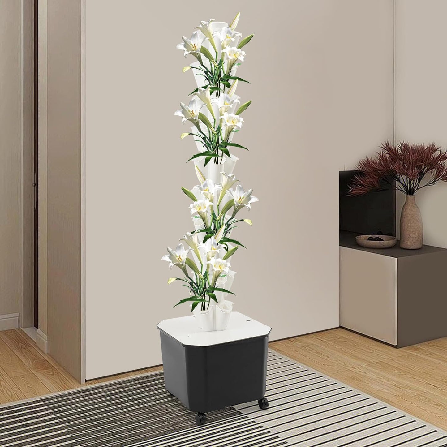 Eapmic Hydroponics Growing System Tower Garden, 10-Tier 50-Hole Vertical Planter with 45L Water Tank & Auto Watering, Indoor/Outdoor Hydroponic Garden Kit w/Wheels (White)