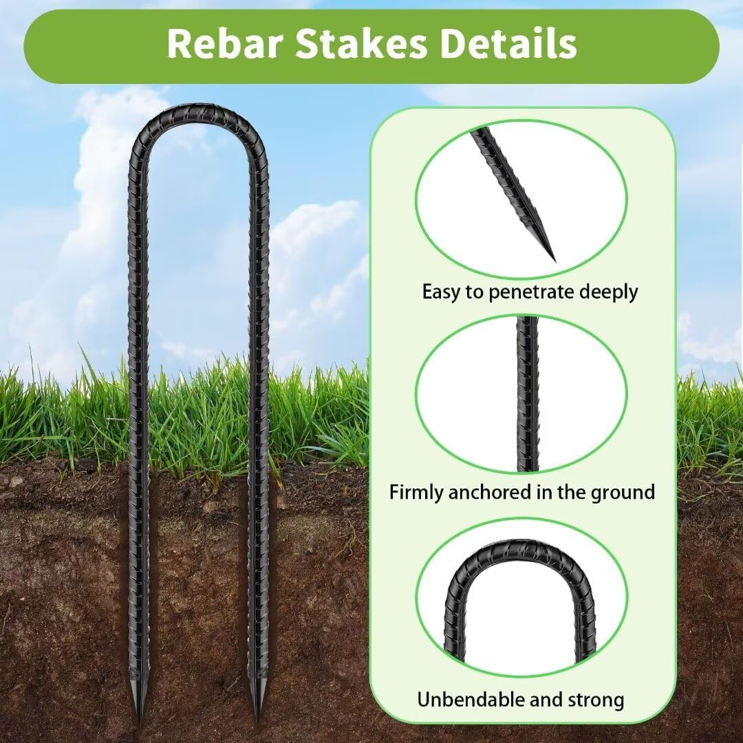 Ground-Stakes-Heavy-Duty-12 inch, U-Hook Rebar Stakes Black Coated Anti-Rust 16pcs Garden Stakes Metal Ground Anchors for Garden Dog Fence Chicken Coop Christmas Decorations Deer Fence