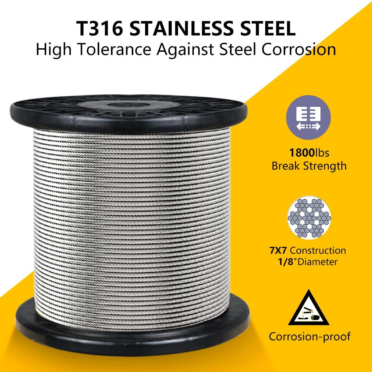 500FT 1/8" T316 Stainless Steel Cable with Cutter, 7x7 Strands Aircraft Wire Rope for Deck Railing, Stair Handrail, Porch Fence, High Strength for Indoor and Outdoor Use