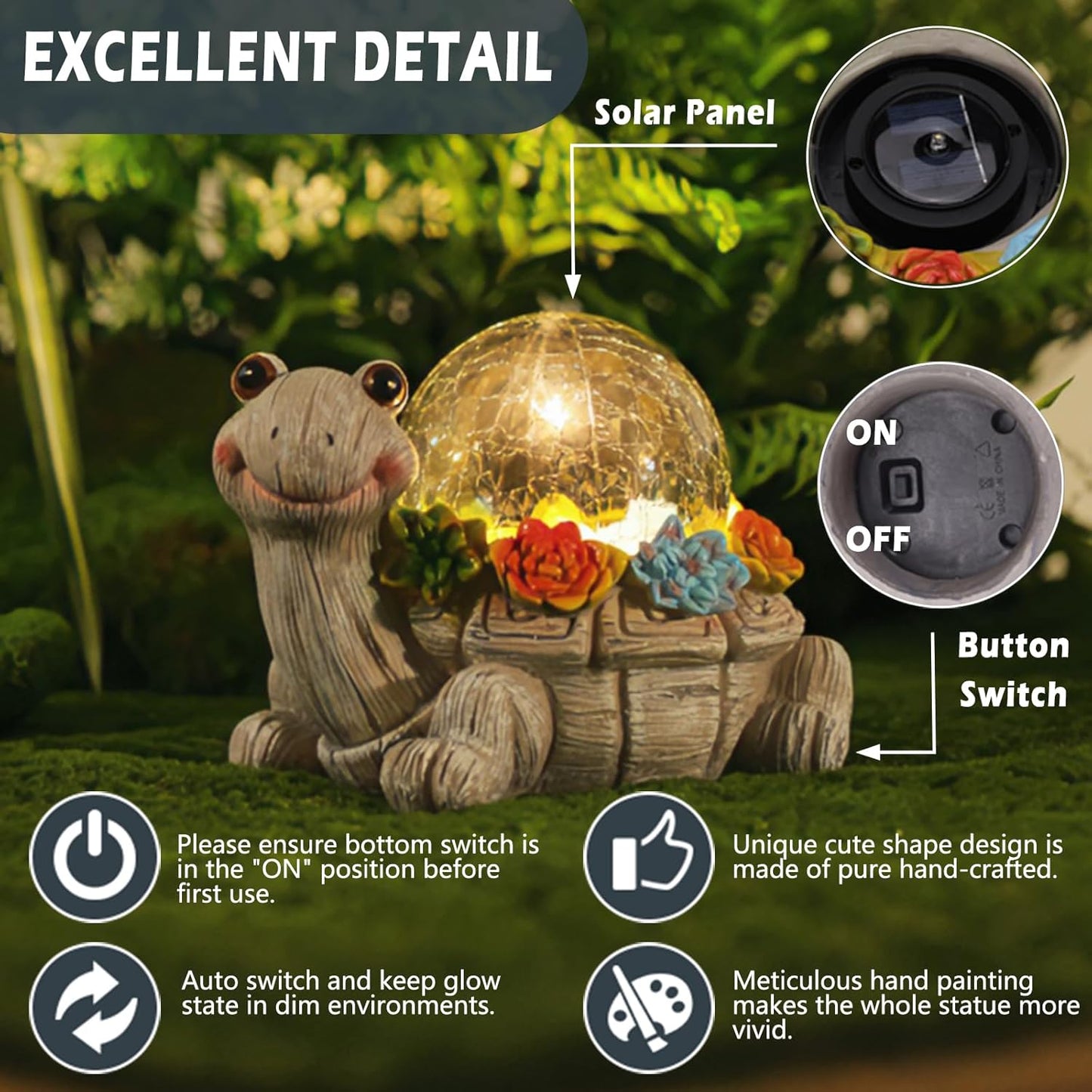 Solar Turtle Garden Statue Lights for Outdoor Decor with Cracked Glass LED Figurine Lighting Resin Succulent Tortoise Decorations Patio Lawn Yard Housewarming Mom Gifts (Grey, Large)