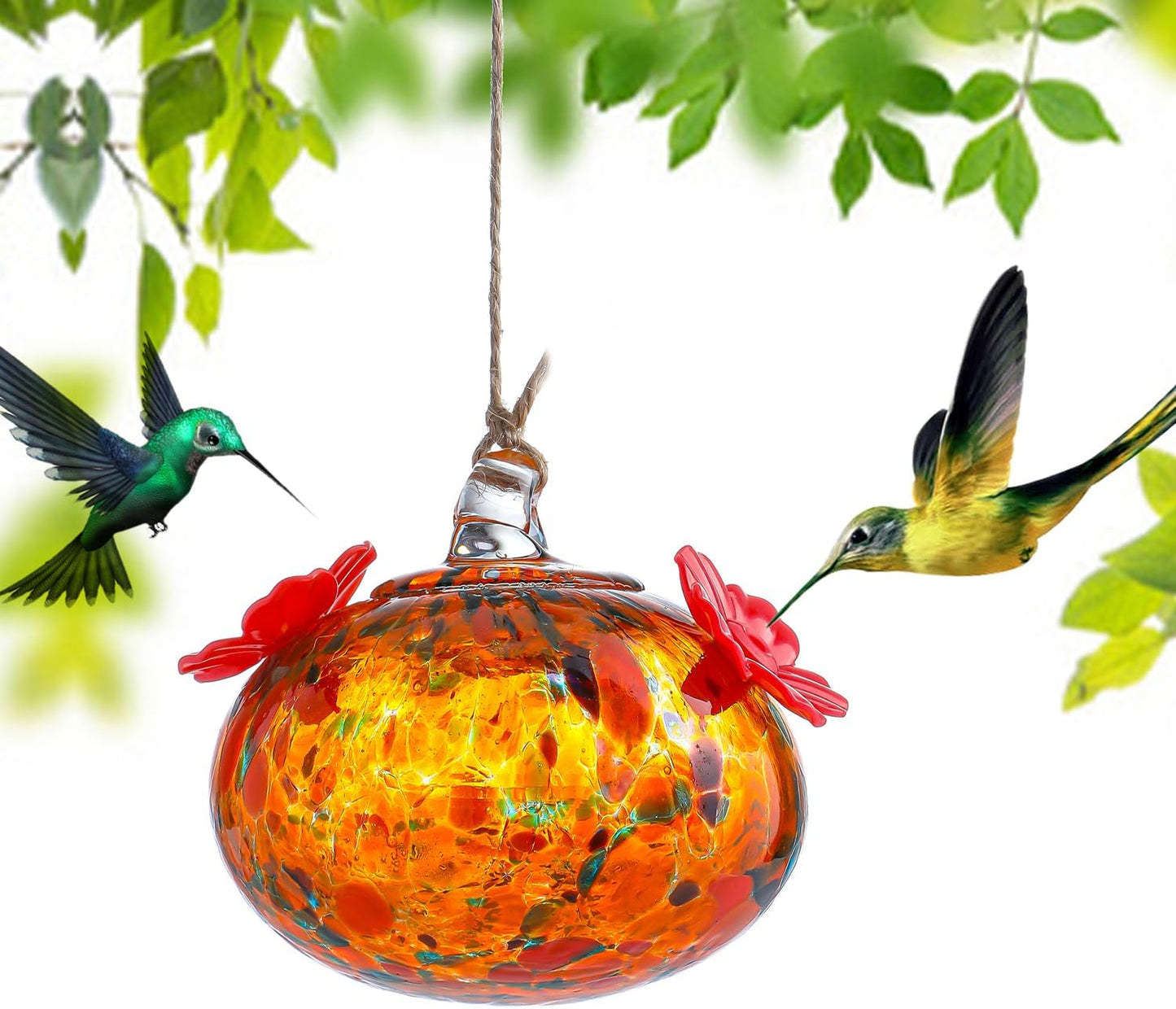Small Colorful Hummingbird Feeder Glass for Outdoors Window Hanging Blown Glass Hummingbirds Feeders for Outside with 2 Feeding Ports Ant and Bee Resistant Humming Birds Feeder Gifts for Women