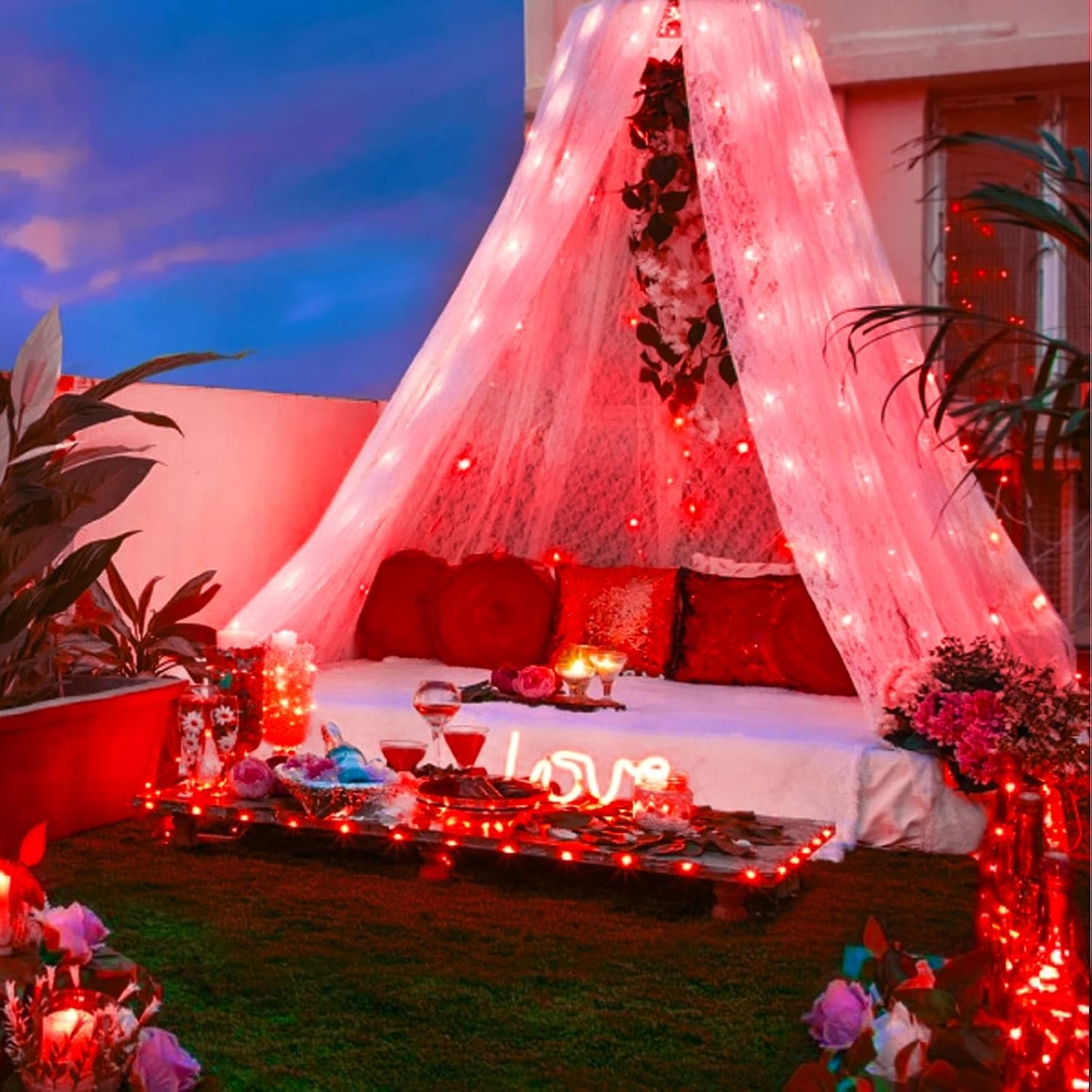 JMEXSUSS 4 Pack 400 LED 132FT Red Solar Fairy Lights Outdoor Waterproof, 8 Modes Copper Wire Solar String Lights for Outside Patio Garden Christmas Decorations