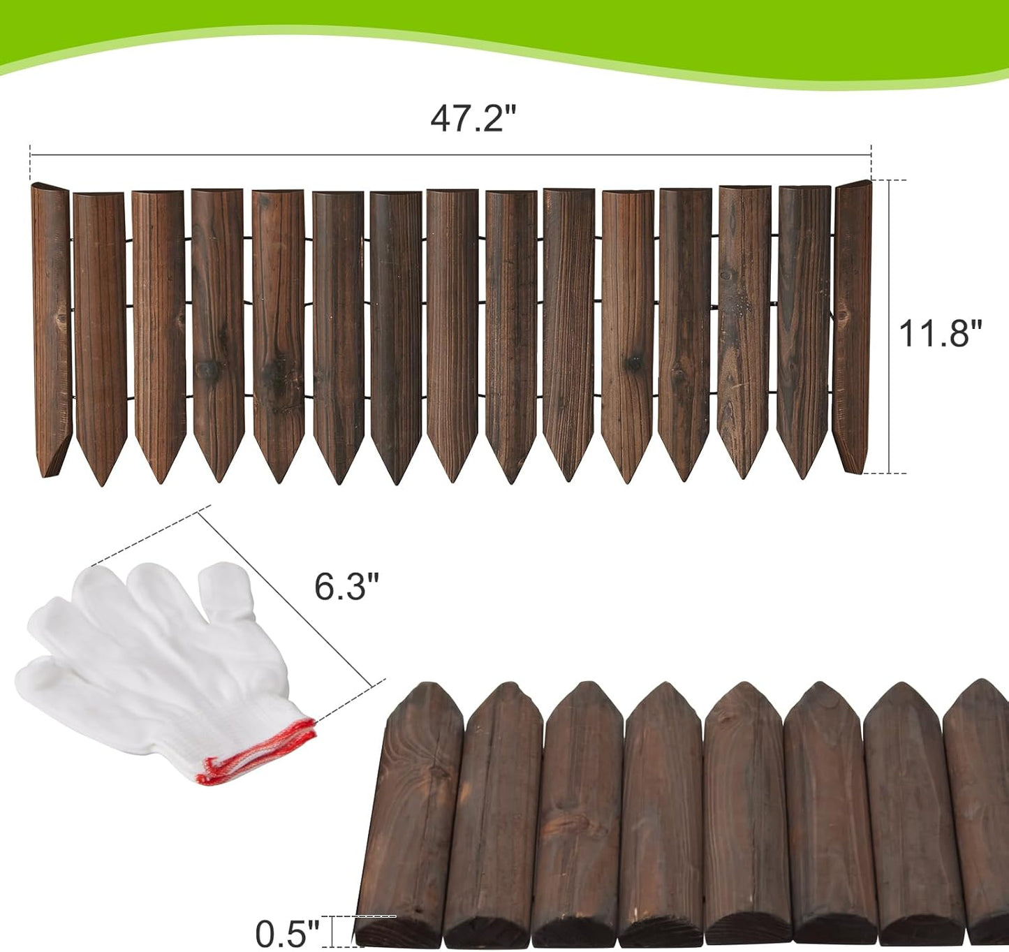 Wood Garden Edging Border Wooden Short Fence Landscape Edging Anti Corrosive Lawn 47.2" L X 11.8" H (2PACK)