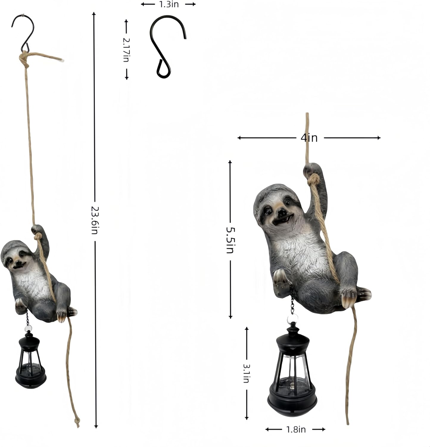 Sloth Garden Decor Cute Wild Animal Outdoor Sculpture Resin Climbing Twine with LED Light Waterproof Hanging Animal Figurine for Garden Wall Balcony